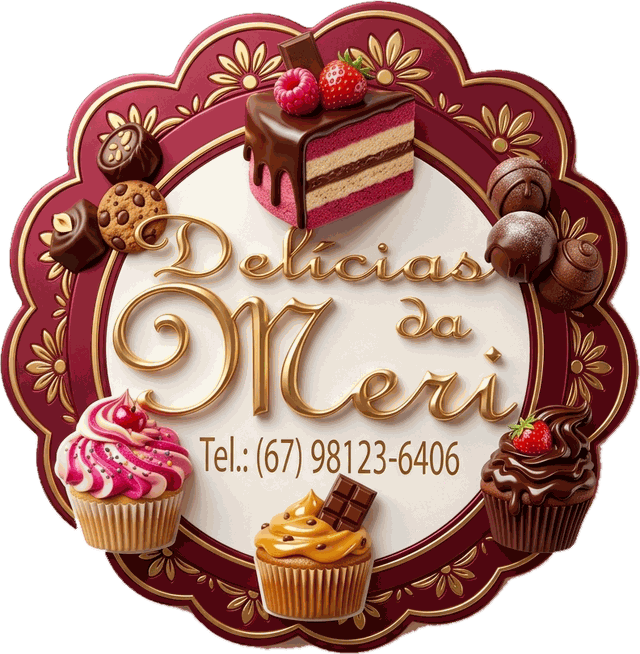 Logo Delícias da Meri: selo vinho e dourado com bolo, cupcakes e brigadeiros